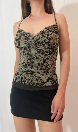 Earthy Graphic Mesh Overlay Cami Y2K Top Green thumbnail 1