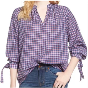 Madewell Womens Blue Red Plaid Cotton Linen Tie Cuff Blouse‎ G1412 Size M thumbnail 1