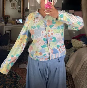 Vintage pastel color cropped soft jacket maximalist colorful print textile Multiple Size L thumbnail 1