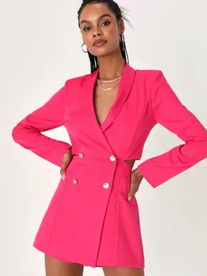 Lulus Ahead of the Trend Hot Pink Long Sleeve Blazer Romper thumbnail 1