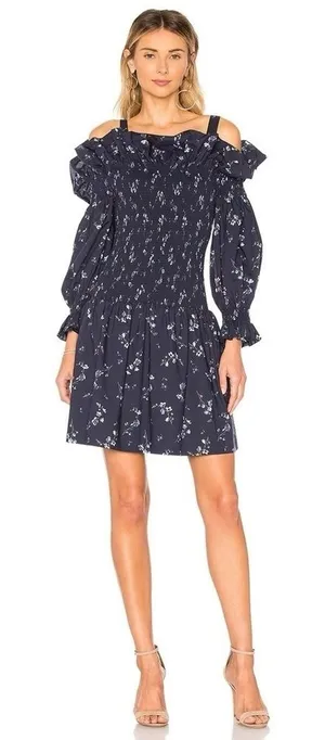 Revolve REBECCA‎ TAYLOR Francine Off Shoulder Dress Floral Smocked Navy Blue 0 thumbnail 1