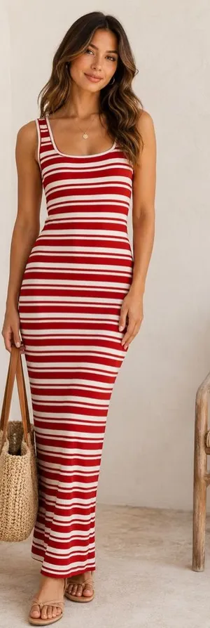 Summersalt Ribbed Square Neck Red Cream Striped Maxi‎ Dress thumbnail 1