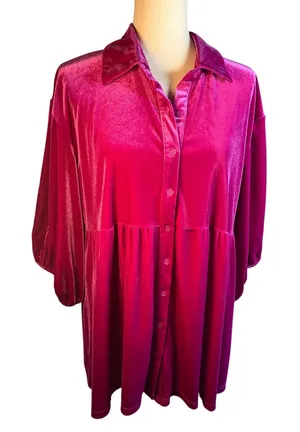 Pink Velour Button Up Blouse 3/4 length sleeves Size L thumbnail 1