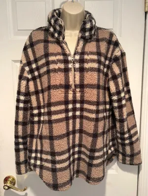 Koolaburra by UGG Women Plaid Sherpa Fleece Quarter Zip Pullover Tan A458762 thumbnail 1