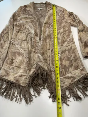 Lucky Brand Taupe & Beige Patterned Fringe Open Cardigan Size Large thumbnail 3