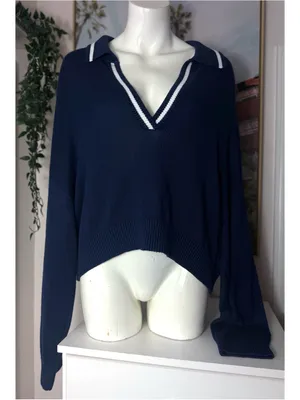 PINK Victoria's Secret Navy Blue V-Neck Collar Cropped Sweater Pullover XXL NWT thumbnail 3