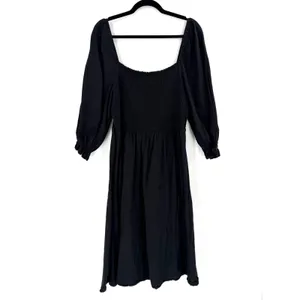 New‎ Look Curves Midi Dress Womens 14 Black Smocked Linen Blend Cottagecore Boho thumbnail 2