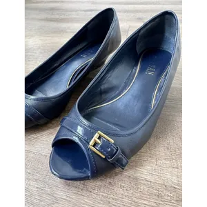 Ralph Lauren Madison Wedge Buckle Slip On Blue Peep Toe Shoes Women's Sz 8.5B‎ thumbnail 2