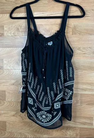 Cecico Sheer Tank Blouse w/Embroidery and a keyhole front tie Black thumbnail 2