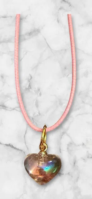 Pink Cord Necklace with Iridescent Heart Pendant thumbnail 1