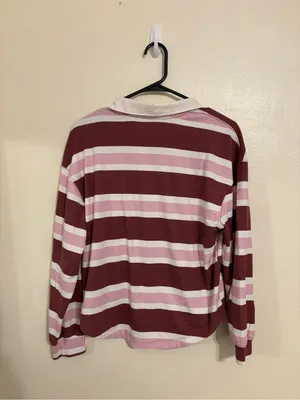 Old Navy Active Rugby Polo Shirt XL Pink Burgundy Striped Long Sleeve thumbnail 8