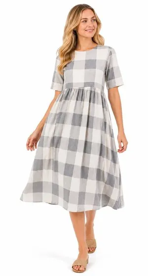 Roolee Gray Buffalo Check plaid gingham Maddie midi maxi dress L thumbnail 1