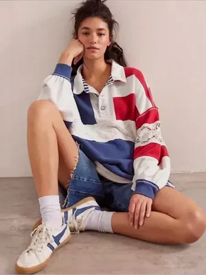 🆕 Free People X We The Free | American Dream Polo Pullover | Sz: L thumbnail 4