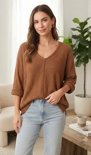 Zenana Outfitters V-Neck Waffle Knit Sweater - Brown thumbnail 1