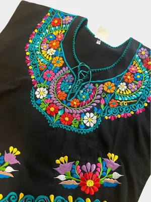 Mexican Embroidered Floral Black Huipil Blouse Folk Art Top Large thumbnail 1