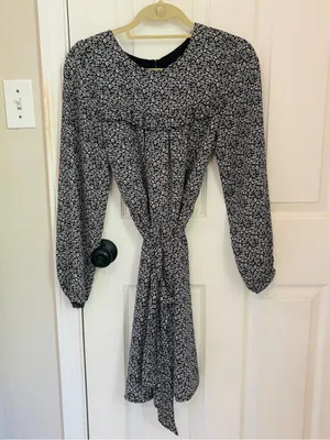 LOFT Ruffle Yolk Neck Tie Waist Long-Sleeve Floral Print Dress thumbnail 4