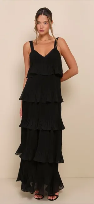 LULU’S Elegant Nature Black Pleated Sleeveless Tiered Maxi Dress thumbnail 1
