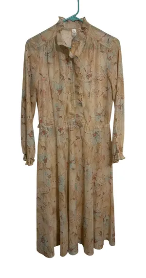 Vintage Midi Dress Cottagecore Floral Peach High Ruffle Neck‎ Button Front 12 thumbnail 1