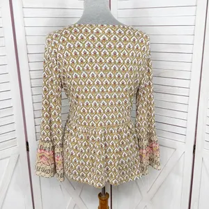 Style & Co‎ Printed Flared Hem Bell Sleeve V Neck Top Yellow Multi Small thumbnail 4