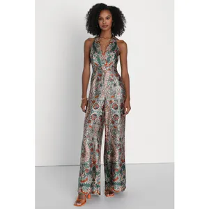 NWT Lulus Divine Wanderings Teal Green Scarf Print Satin Wide-Leg Jumpsuit Sz XS thumbnail 8