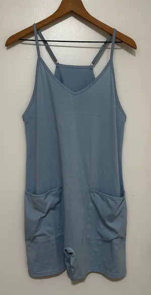Women's Light Blue Sleeveless V-Neck Pocket Adjustable Sunsuit Romper, Size S thumbnail 1