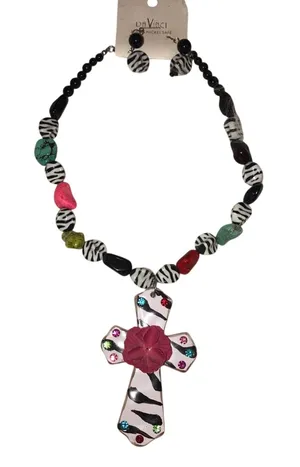 Zebra‎ Print Cross Necklace Set Colorful Rhinestone Pendant NWT thumbnail 1