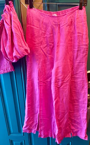 Young Fabulous & Broke Pink Linen Smocked Puff Sleeve Top Wide Leg Slit Pant Set Extra Small thumbnail 6