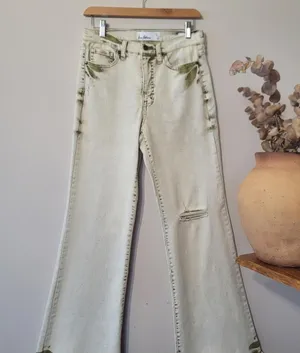 Sam Edelman Bay Flare Jeans Moss Green & Sand Sz 28 Grunge thumbnail 1