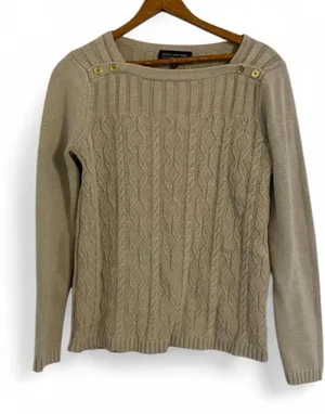 Jones New York Women's M Beige Cotton Sweater Cable Knit Preppy Gold Button thumbnail 1