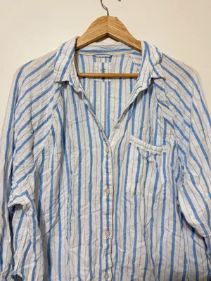 Aerie Pool-To-Party Linen Blend Cover Up Shirt Button Up Blue Stripe Medium thumbnail 4