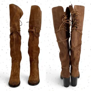 Freebird by Steven Brock Boots Brown Tan Suede Tall Heel Leather OTK Fall Boho 9 thumbnail 4