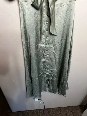 Petal & Pup Piper Sage Green Shiny Tie Front Button Front Midi Dress thumbnail 4