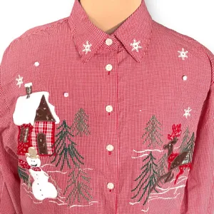 Vintage Karen Scott Red Gingham Christmas Shirt Snowman Reindeer Large Cabincore thumbnail 1