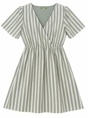 Gianni Bini Sage Green White Stripe Wrap Mini Dress M Puff Sleeve Coastal Summer thumbnail 1
