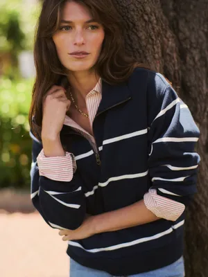 Marine Layer Cloud 9 Fleece Half Zip Sweatshirt NWT Size Large Navy Blue Stripe thumbnail 3