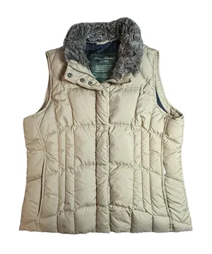 Eddie Bauer Goose Down Quilted Faux Fur Full Zip Puffer Vest Tan Womens Petite M thumbnail 1
