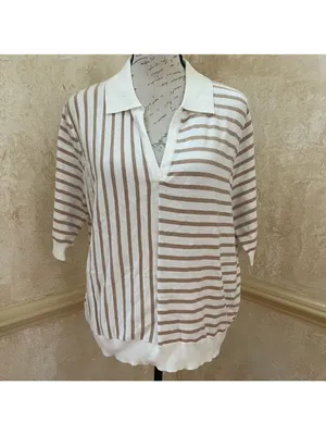 Aaeda Polo Collar Stripe Sweater Gold Metallic short sleeves Sz XL thumbnail 2