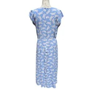 LOFT Light Blue Dragonfly Print Midi Dress Cap Sleeve Side Slit Size 10 thumbnail 4