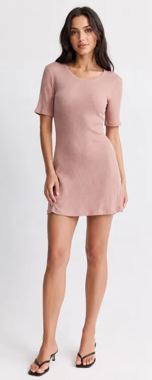 Reformation Ribbed Pink Mini Dress Large Dusty Rose Y2K Stretch Modal Scoop Neck thumbnail 1