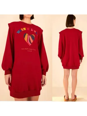 Farm Rio X Anthropologie Warm Welcome Sweatdress Sweatshirt Dress Burgundy Red thumbnail 2