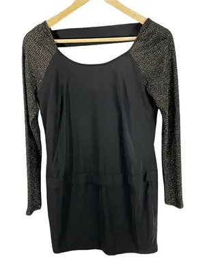 BCBGeneration Black Shift Dress Sz XXS Long Metallic Gold Sleeve Open‎ Back thumbnail 1