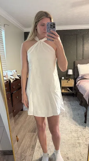White Halter Neck Pearl Dress Size M thumbnail 2