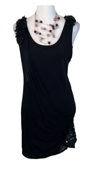 Alice+Olivia szS blk mini dress w/overlay & coin beads on shoulders & one side thumbnail 1