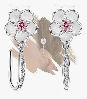 Sterling Silver 925 Floral Drop Earrings with Pink Crystal Center thumbnail 1