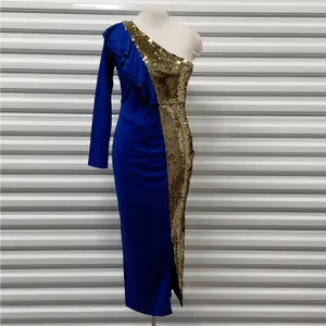 Womens One Shoulder Sequin Midi Dress Size XS Blue Gold Wedding Party Evening thumbnail 4