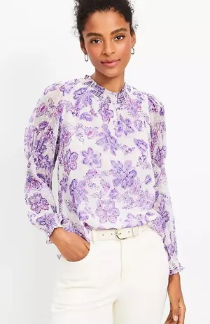 NWT LOFT Floral Smocked Puff‎ Sleeve Ruffle Blue White Blouse thumbnail 1