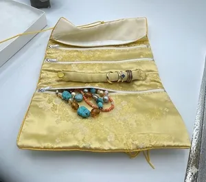 Vintage silk Satin floral embroidered jewelry roll. thumbnail 1