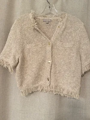 J Crew Fringe-Trim Short-Sleeve Cropped Lady Jacket in Marled Yarn | M thumbnail 2