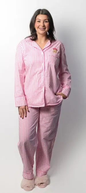 Bon‎ Artis Pink Striped Cat Embroidery Pajama Set 100% Cotton Women’s Size 1 thumbnail 1