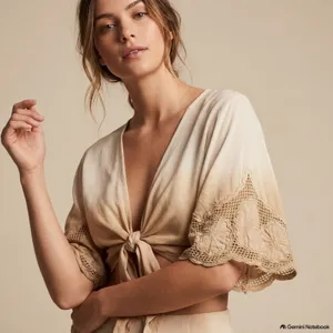 Surf Gypsy Crop Top M Boho Cowgirl Western Flutter Sleeve Coverup Ombré Neutral thumbnail 1